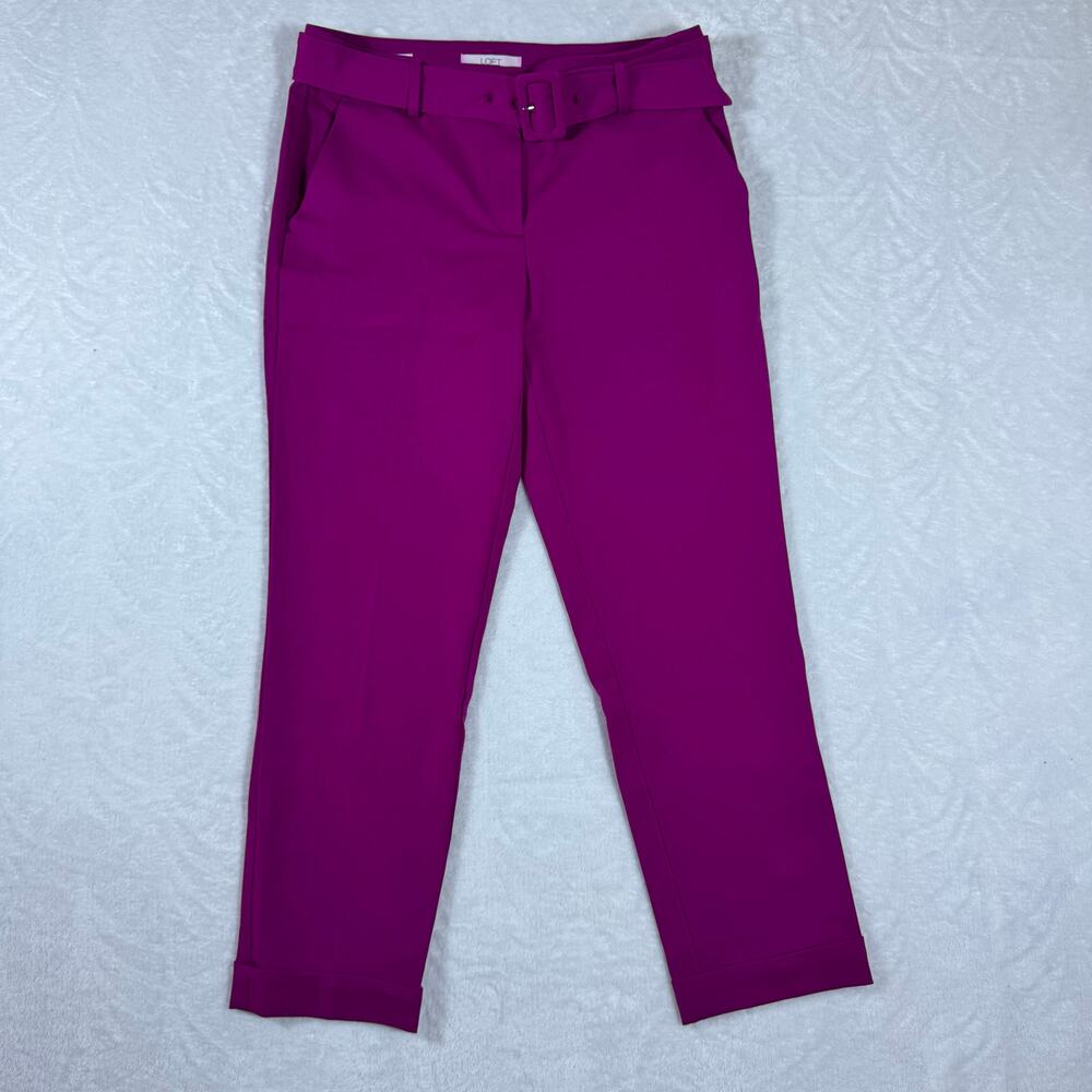 LOFT Women's 6 Magenta‎ Devin Slim Trousers Belted Waist Tapered Leg Pockets